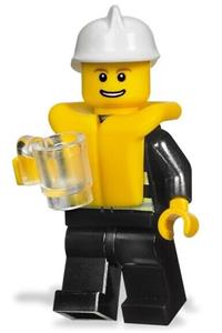 Firefighter Minifigure - Firefighter with a white fire helmet, black legs, thin grin with teeth, life jacket, and reflective stripes - cty0116b