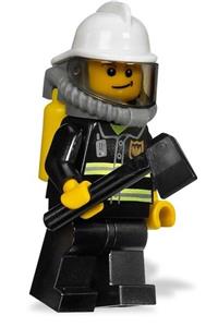 Firefighter Minifigure - Firefighter with reflective stripes, black legs, white fire helmet, crooked smile, and life jacket - cty0117b