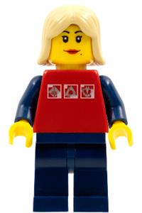 Female in space jacket Minifigure - Minifigure with a red shirt, 3 silver logos, dark blue arms, legs, and tan female hair - cty0119