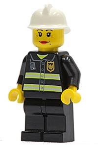Firefighter Minifigure - Female firefighter with white fire helmet, black legs, and reflective stripes on the uniform - cty0120