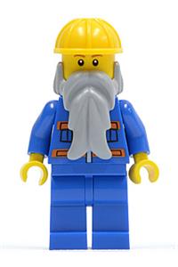Male in Blue Jacket with Orange Stripes - Minifigure with blue jacket with pockets and orange stripes, blue legs, beard, and yellow construction helmet - cty0123