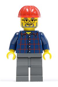 Plaid Button Shirt, Dark Bluish Gray Legs, Red Construction Helmet, Glasses, Gray Beard cty0126
