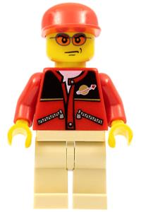 Male in Space Jacket Minifigure - Minifigure with red jacket featuring zipper pockets and Classic Space logo, tan legs, and red cap - cty0129