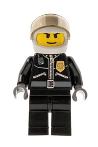 Police Minifigure - City police officer in a white helmet with a trans-brown visor, wearing a leather jacket with a gold badge and a wide smile - cty0131