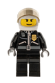 City police officer in a white helmet with a trans-brown visor, wearing a leather jacket with a gold badge and a wide smile - cty0131
