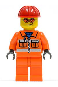 Construction Worker Minifigure - Construction worker with orange zipper, safety stripes, arms, and legs, wearing a red construction helmet and orange glasses - cty0132