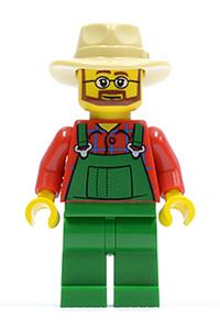 Farmer in Overalls Minifigure - Farmer with green overalls, wearing a tan fedora, and sporting a beard and glasses - cty0133