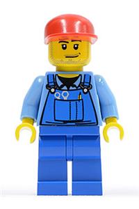 Farm Hand Minifigure - Farm hand wearing blue overalls and a short bill cap - cty0134a