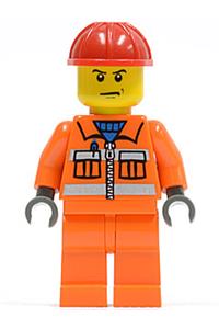 Construction Worker Minifigure - Construction worker with orange zipper, safety stripes, arms, and legs, wearing a red construction helmet and scowl - cty0137