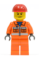 Construction worker with orange zipper, safety stripes, arms, and legs, wearing a red construction helmet and scowl - cty0137