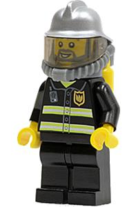 Firefighter Minifigure - Firefighter with reflective stripes, black legs, silver fire helmet, gray beard, and yellow airtanks - cty0138