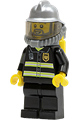 Firefighter with reflective stripes, black legs, silver fire helmet, gray beard, and yellow airtanks - cty0138