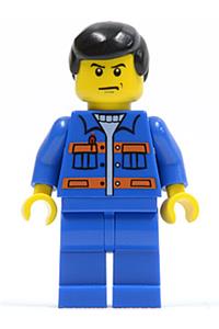 City Mechanic Minifigure - City Mechanic in blue jacket with pockets and orange stripes, blue legs, black male hair - cty0139