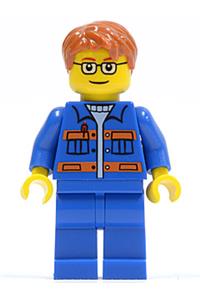 City Mechanic in blue jacket with pockets and orange stripes, blue legs, dark orange short tousled hair, brown eyebrows, glasses cty0140