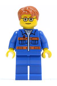 City Mechanic Minifigure - City Mechanic in blue jacket with pockets and orange stripes, blue legs, dark orange short tousled hair, brown eyebrows, glasses - cty0140