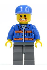 City Mechanic in blue jacket with pockets and orange stripes, dark bluish gray legs, blue cap, beard around mouth cty0141