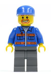 City Mechanic Minifigure - City Mechanic in blue jacket with pockets and orange stripes, dark bluish gray legs, blue cap, beard around mouth - cty0141