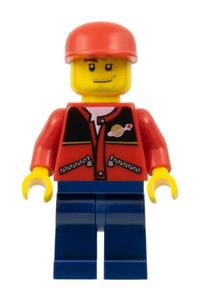 Male in space jacket Minifigure - Minifigure wearing a red jacket with zipper pockets and Classic Space logo, paired with dark blue legs and a red cap - cty0142