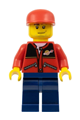 Minifigure wearing a red jacket with zipper pockets and Classic Space logo, paired with dark blue legs and a red short bill cap - cty0142a
