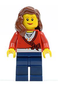 Female with Cropped Sweater - Female minifigure wearing a sweater cropped with a bow, heart necklace, dark blue legs, and reddish brown hair - cty0143