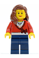 Female minifigure wearing a sweater cropped with a bow, heart necklace, dark blue legs, and reddish brown hair - cty0143