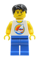 Minifigure with black short tousled hair, blue legs, and a crooked smile - cty0144