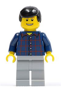Male in Plaid Button Shirt - Minifigure with a plaid button shirt, black male hair, and light bluish gray legs - cty0146