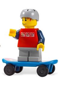 Skateboarder Minifigure - Child skateboarder with messy red hair wearing a red shirt with silver logos, dark blue arms, and light bluish gray short legs - cty0147