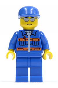 Male in Blue Jacket with Orange Stripes - Minifigure with blue jacket with pockets and orange stripes, blue legs, cap, silver sunglasses, eyebrows, and thin grin - cty0148