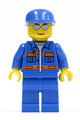 Minifigure with blue jacket with pockets and orange stripes, blue legs, cap, silver sunglasses, eyebrows, and thin grin - cty0148
