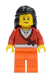 Female with Cropped Sweater - A female minifigure wearing a cropped sweater with a bow, accessorized with a heart necklace, orange legs, and mid-length black hair - cty0149