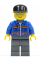 Minifigure with dark bluish gray legs, wearing a blue jacket with orange stripes, a black cap, and silver sunglasses - cty0150