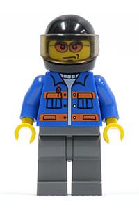 Malein Blue Jacket with Orange Stripes - Minifigure wearing a blue jacket with pockets and orange stripes, black helmet, orange sunglasses, and dark bluish gray legs - cty0151