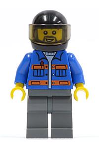 Male in Blue Jacket with Orange Stripes - Minifigure wearing a blue jacket with pockets and orange stripes, dark bluish gray legs, black helmet, and gray beard - cty0152
