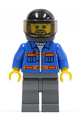 Minifigure wearing a blue jacket with pockets and orange stripes, dark bluish gray legs, black helmet, and gray beard - cty0152