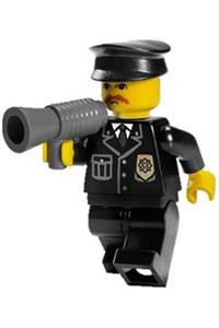 Police Minifigure - Police officer in city suit with blue tie and badge, black legs, brown moustache, and black hat - cty0153