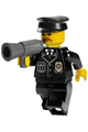 Police officer in city suit with blue tie and badge, black legs, brown moustache, and black hat - cty0153