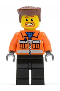 Construction Worker Minifigure - Construction worker with orange zipper and safety stripes, orange arms, black legs, reddish brown flat top hair, and a beard around the mouth - cty0154