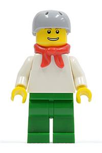 Male Minifigure - Minifigure with a plain white torso and arms, green legs, wearing a helmet and scarf - cty0156