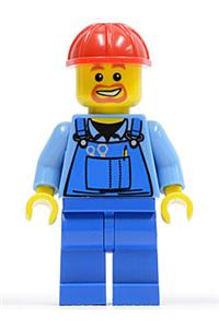 Worker in Overalls Minifigure - City worker wearing blue overalls with tools in pocket, a red construction helmet, and a beard around mouth - cty0159