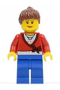Female in Sweater Minifigure - Female minifigure with a cropped sweater with a bow, a heart necklace, blue legs, and reddish brown hair in a ponytail - cty0160