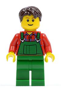 Male in Green Overalls Minifigure - Farmer with short tousled dark brown hair wearing green overalls - cty0161