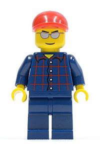 Male in Plaid Button Shirt - Minifigure wearing a plaid button shirt, red short bill cap, silver sunglasses, and dark blue legs - cty0163