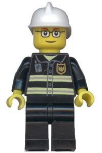 Fireman Minifigure - Fireman with black legs, wearing a white fire helmet with reflective stripes, glasses, and brown thin eyebrows - cty0164
