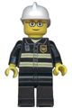 Fireman with black legs, wearing a white fire helmet with reflective stripes, glasses, and brown thin eyebrows - cty0164