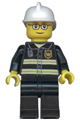 Fireman with reflective stripes, wearing black legs, a white fire helmet, glasses, and red thin eyebrows - cty0164a