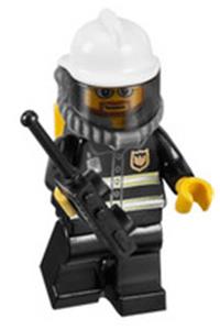 Fireman Minifigure - Fireman with black legs, wearing a white fire helmet and breathing neck gear with airtanks, also has yellow hands, beard and glasses - cty0165