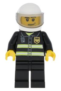 Fireman Minifigure - Fireman with reflective stripes, black legs, white standard helmet, trans-black visor, stubble beard and moustache, and a smirk - cty0166