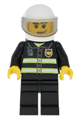 Fireman with reflective stripes, black legs, white standard helmet, trans-black visor, stubble beard and moustache, and a smirk - cty0166