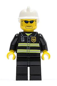 Fireman Minifigure - Fireman with black legs wearing white fire helmet, black sunglasses, and sporting stubble with reflective stripes - cty0167